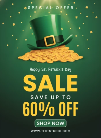 Saint Patrick’s Day Sale Poster Design Template with Leprechaun Hat, Shamrocks, and Gold Coins