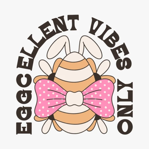 Eggcellent Vibes Only Cartoon Bee with Bow Tie & Cheerful Quote T-Shirt Design Template
