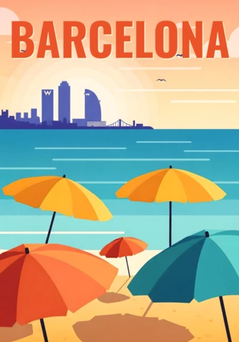 Barcelona Beach Sunset Colorful Umbrellas & City Skyline Travel Posters Design Template