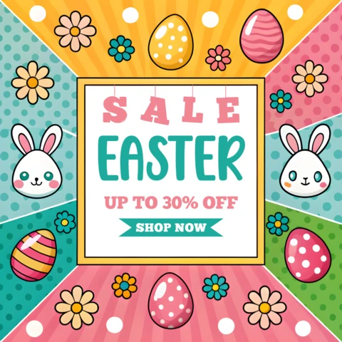 Colorful Easter Sale Template Design with Cute Bunnies and Eggs
