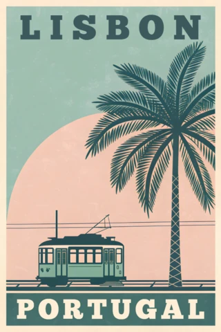 Vintage Lisbon Tram Design Template for Travel Poster