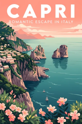 Template de design de pôster inspirado na natureza de Capri com paisagem costeira cênica.