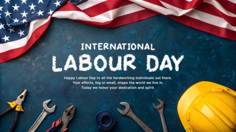 Editable International Labour Day Design Template with Rustic Tools and American Flag Theme