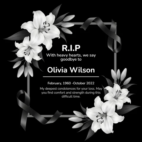 Série de pôsteres de homenagem a funerais com detalhe de fita e moldura floral branca, design de descanse em paz.