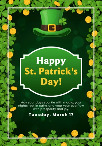 St. Patrick's Day Greeting Card Design Template with Shamrocks and Green Hat