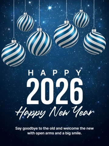 New Year Celebration Design Template with Blue Striped Ornaments for Greeting Cards