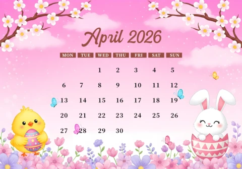Króliczek w jajku, pisklę z ozdobnym jajkiem, kwiaty, motyle i dekoracyjny temat plakatu kalendarza na kwiecień 2026.
