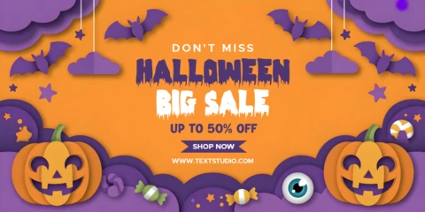 Happy Halloween Big Sale Ad with Boo Pumpkins & Eyeball Candy Facebook Cover Design Template