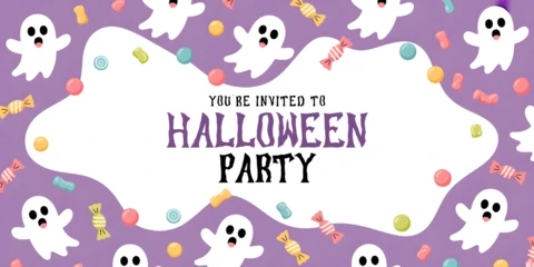 Halloween Event You're Invited! Ghosts, Candy & Bold Party Announcement Facebook Cover Design Template