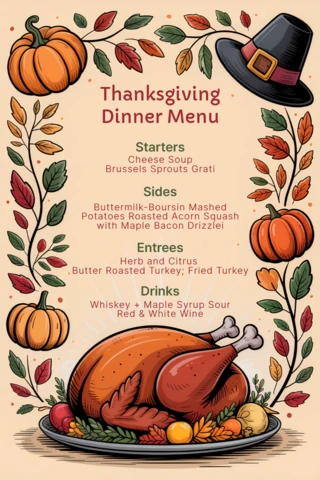 Thanksgiving Dinner Menu Design Template with Festive Turkey and Autumn Leaves for Restaurant Or Event Use