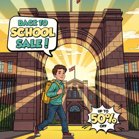 Comic Student Sale School Archway Scene with Backpack & Limited-Time Promo Banner Design Template for Promotional Flyers