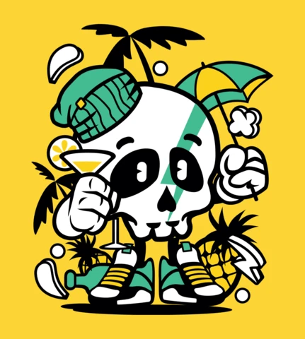 Summer Holidays Skull Cartoon Character T-shirt Design Template