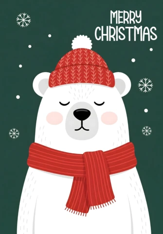 Holiday Season Card Bear in Red Knitwear Surrounded By Snowflakes and Merry Christmas Greeting