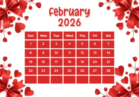 February 2026 Calendar Romantic Theme with Red Grid, Heart Motifs, and Festive Ribbon Decor