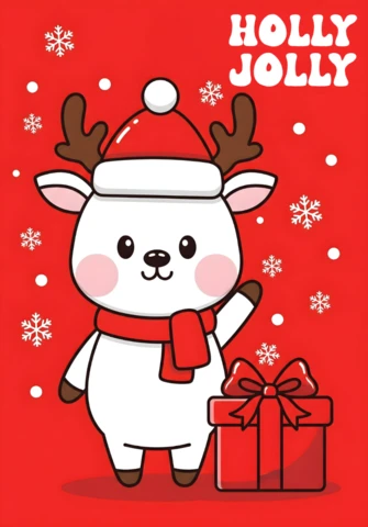 Christmas Greeting Card Cute Reindeer in Santa Hat with Gift Box and Holly Jolly Message On Red Background