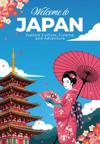 Japanese Heritage Poster Cherry Blossom Garden and Historic Pagoda Framing Elegant Kimono Figure