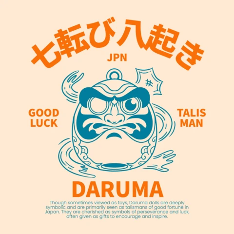 T-shirt design template de talisman japonais Daruma de bonne chance avec le symbole 'sept fois à terre, huit fois debout'