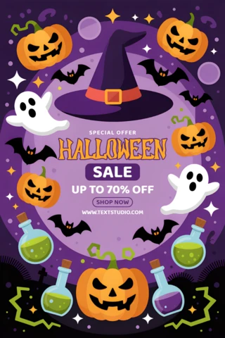 Plantilla de venta de Halloween con sombrero de bruja, calabazas y fantasmas para carteles promocionales.