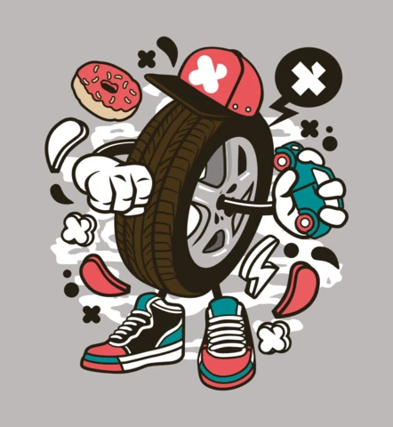 Rueda de garaje personaje de dibujos animados plantilla de diseño de camiseta