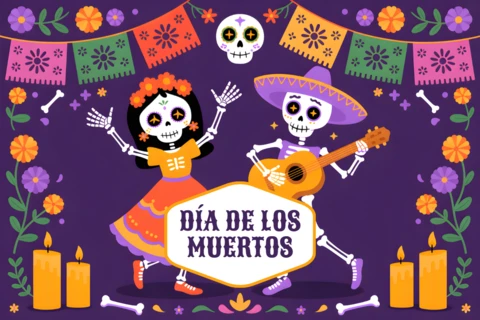 Dia De Los Muertos Design Template for Festive Posters with Skeletons and Floral Elements