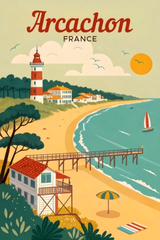 Vintage Arcachon France Beach Scene Design Template for Travel Posters