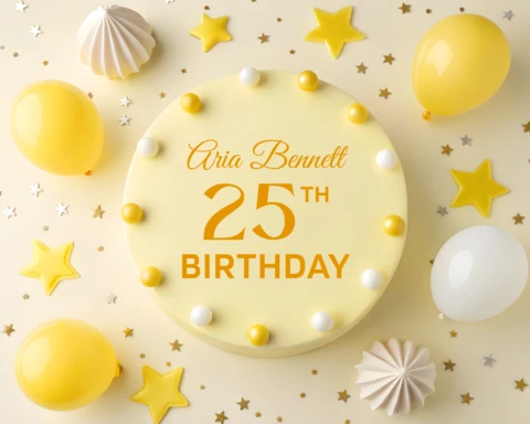 Modelo de design de bolo de aniversário amarelo alegre para comemoração do 25º aniversário