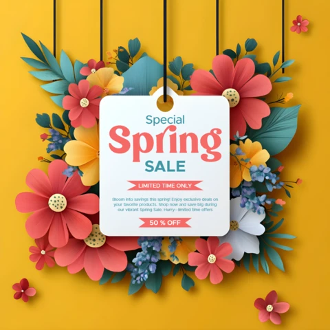 Modello di design per saldi primaverili con elementi floreali