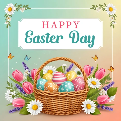Cartel de saludo de feliz día de Pascua — cesta de huevos, flores, mariposas y borde decorativo festivo alegre.