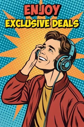 Plantilla de diseño de pop art para promoción musical con oyente feliz y ofertas exclusivas
