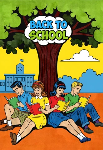 Ritorno a scuola studenti che leggono sotto un albero con edificio scolastico e torre dell'orologio sullo sfondo modello di poster