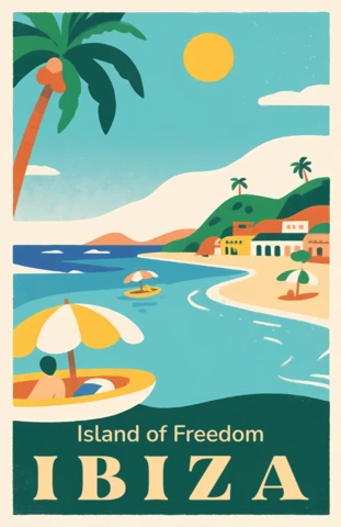 Retro Flat Ibiza Beach Design Template for Posters and Postcards Print
