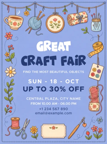 Plantilla de volante para evento de feria de artesanías con herramientas de tejido y costura y decoraciones de hobby hechas a mano