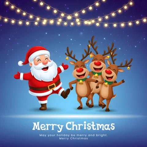Póster de feliz navidad, Papá Noel y renos bailando en una noche invernal festiva con luces brillantes, plantilla de diseño.