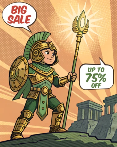Comicstijl verkoop aankondiging sjabloon met heroïsche karakter voor promotionele flyers