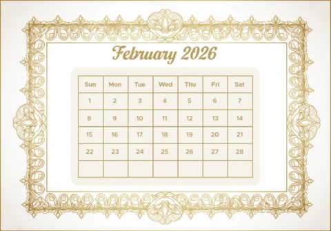 Handcrafted February 2026 Calendar Ornate Gold Theme with Elegant Script and Seasonal Sophistication