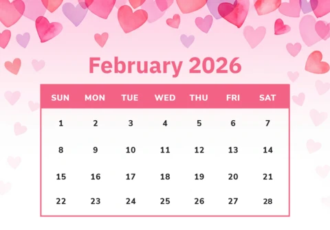 Affiche de calendrier de février 2026 avec un fond dégradé rose, des illustrations de cœurs et une lueur scintillante de Saint-Valentin.