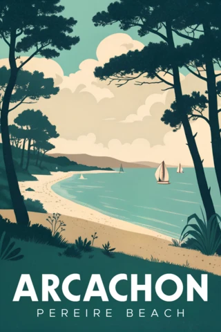 Retro Flat Arcachon Beach Landscape Design for Posters and Postcards