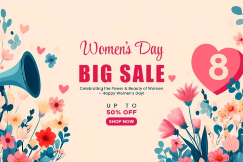 Modèle de design pour les soldes de la journée de la femme - célébrez avec 50% de réduction !
