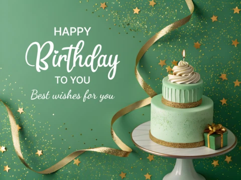 Elegant Birthday Cake Design Template with Gold Accents and Festive Touches