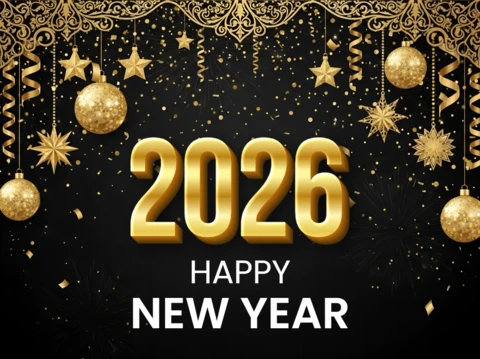 Elegant New Year Celebration Template with Gold Ornaments and Stars for Festive Greeting Cards
