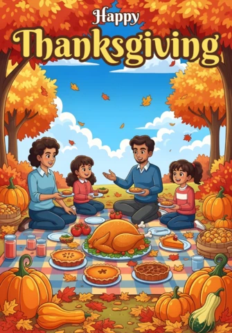 Happy Thanksgiving Card Cartoon Family Picnic with Turkey, Pies & Fall Leaves Banner Design Template