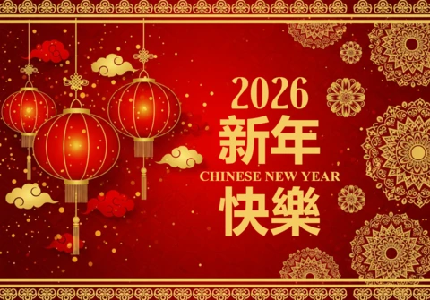 2026 Chinese New Year Card Elegant Red-Gold Design with Lanterns, Borders & Cultural Symbols of Joy