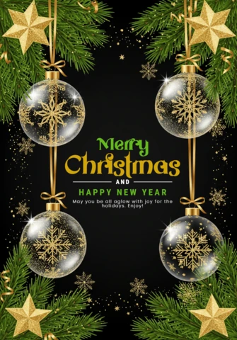 Christmas Card Design with Glowing Ornaments, Golden Ribbons, and Dark Festive Theme