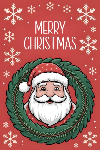 Cartão de Natal com rosto do Papai Noel em uma guirlanda de pinheiro com flocos de neve em fundo vermelho