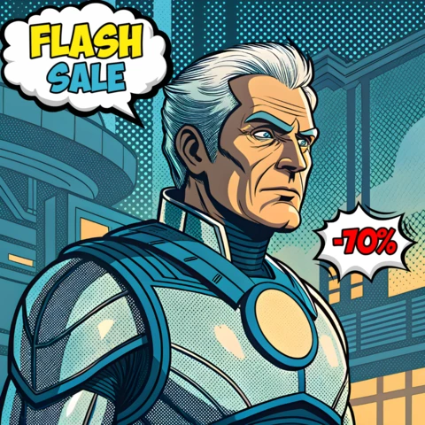 Comic Style Flash Sale Promotional Template with Heroic Character Design for Posters