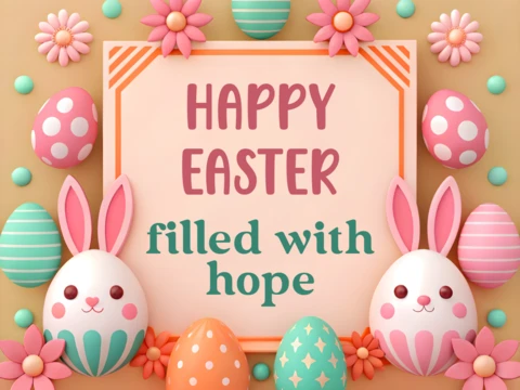 Whimsical Easter Greeting Card Design Template with Colorful Eggs and Bunnies