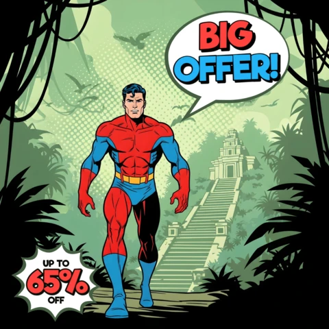 Plantilla de diseño de cómic de superhéroes en estilo de selva con sendero del templo y gran oferta para volantes promocionales.