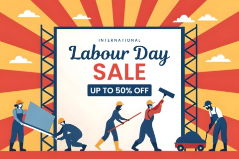 Modèle de promotion pour la fête du travail - design rétro illustré avec jusqu'à 50% de réduction