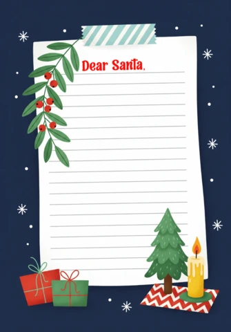 Dear Santa Letter Template Festive Design with Candle, Holly, Presents, and Starry Night Background