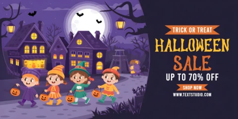 Halloween Night Decor Haunted Street, Boo Buckets & Festive Discount Announcement Facebook Cover Design Template